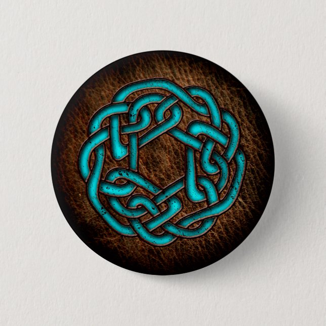 Mystic blue celtic ornament on leather 6 cm round badge (Front)