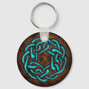 Mystic blue celtic ornament on leather key ring