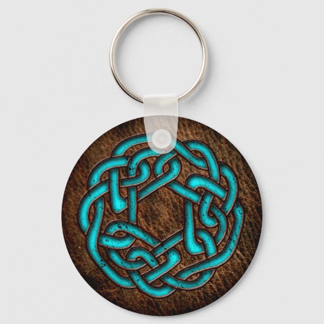 Mystic blue celtic ornament on leather key ring (Front)