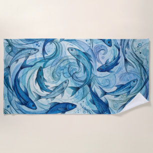 Mystic Blue Fish Flowing Harmony Beach Towel