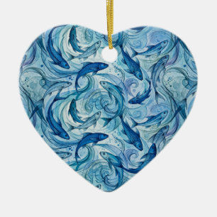 Mystic Blue Fish Flowing Harmony Ceramic Tree Decoration