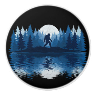 Mystic Blue Forest Bigfoot Moon Silhouette Door Ceramic Knob