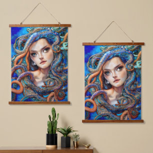 Mystic Blue Octopus Swirls Fantasy Goddess Art Hanging Tapestry
