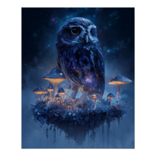 Mystic Blue Owl with Glowing Fungi Poster