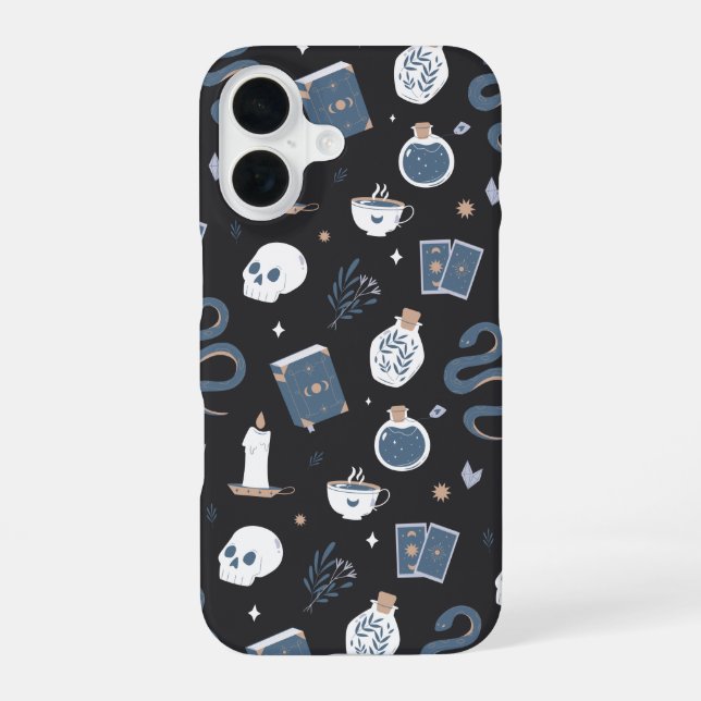 Mystic Boho Crystal Skull Snake Pattern iPhone 16 Case (Back)