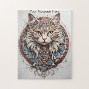 Mystic Boho Feline Cat Mandala Jigsaw Puzzle