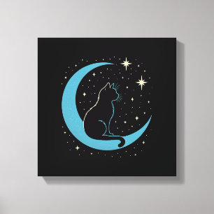 Mystic Cat on Blue Moon Night Sky Canvas Print