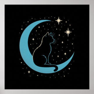 Mystic Cat on Blue Moon Night Sky Poster
