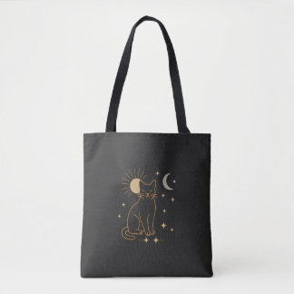 Mystic Cat Tote Bag- Minimalist Celestial Line Ar Bag