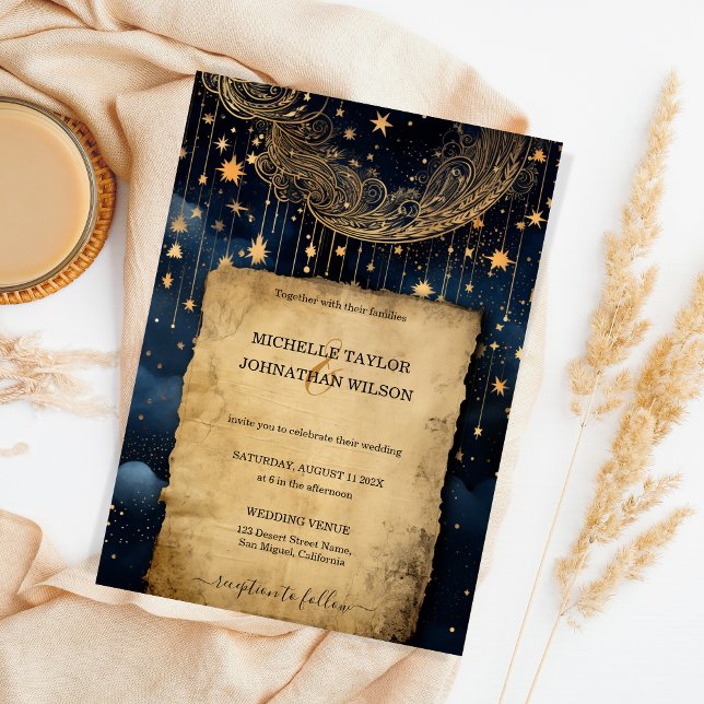 Mystic Celestial Midnight Blue Gold Stars Moon Invitation (Creator Uploaded)