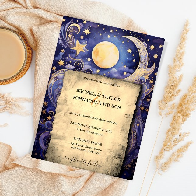 Mystic Celestial Midnight Blue Gold Stars Moon Invitation (celestial wedding invitation)
