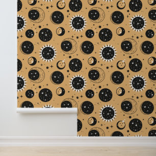 Mystic Celestial Sun Moon Stars Gold Pattern Wallpaper