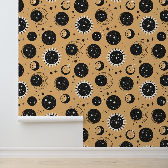 Mystic Celestial Sun Moon Stars Gold Pattern Wallpaper (Application)