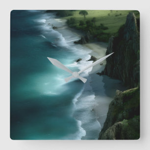 Mystic Coastal Cliffs Turquoise Ocean Landscape Square Wall Clock