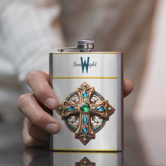 Mystic Cross Brooch With Blue and Green Gemstones Hip Flask (Creator Uploaded)