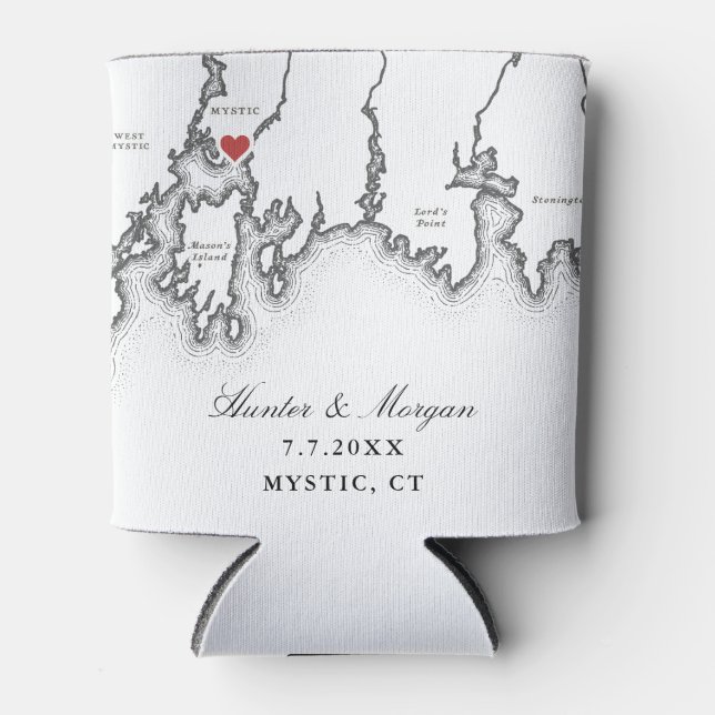 Mystic CT Map Elegant Black White Wedding Favour Can Cooler (Front)