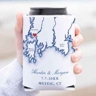 Mystic CT Map Elegant Navy Blue Wedding Favour Can Cooler