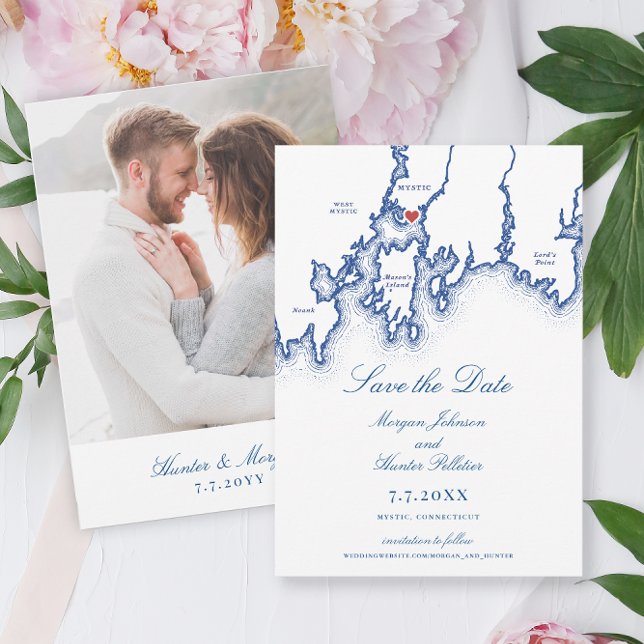 Mystic CT Map Elegant Navy Blue Wedding Save The Date (Mystic CT Map Save the Date ifor an elegant navy blue Connecticut wedding by Coastal Map Designs)