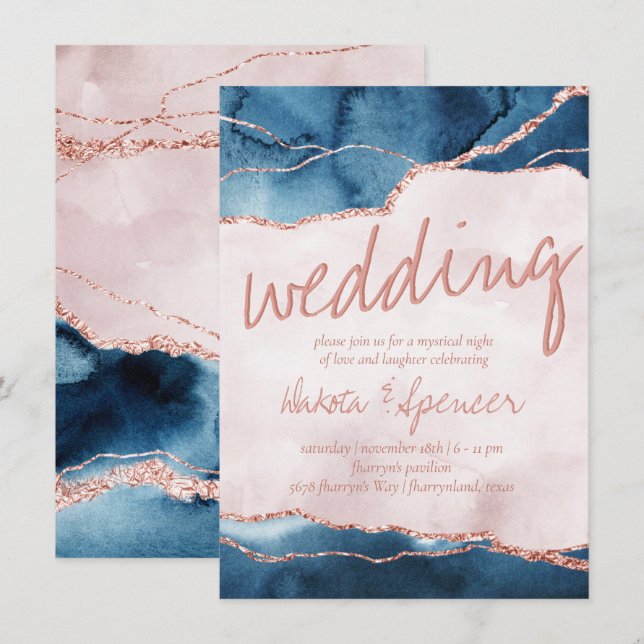 Mystic Elegance | Blue Pink Agate Wedding Invitation (Front/Back)