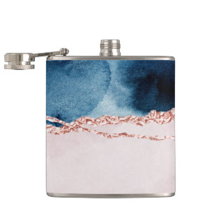 Mystic Elegance   Teal Blue and Rose Gold Agate Hip Flask