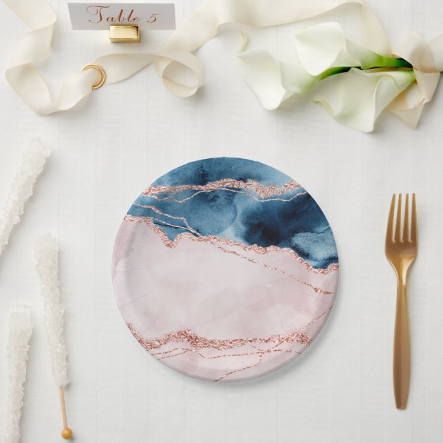 Mystic Elegance | Teal Blue and Rose Gold Agate Paper Plate (Wedding)
