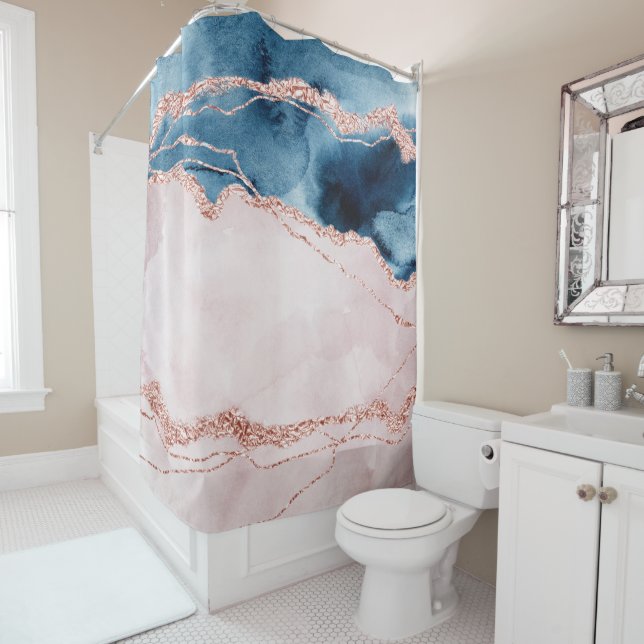 Mystic Elegance | Teal Blue and Rose Gold Agate Shower Curtain (In Situ)