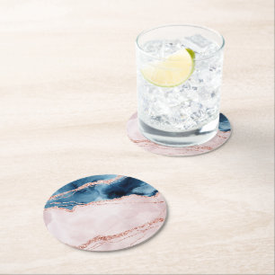 Mystic Elegance   Teal Blue Blush Pink Agate Round Paper Coaster