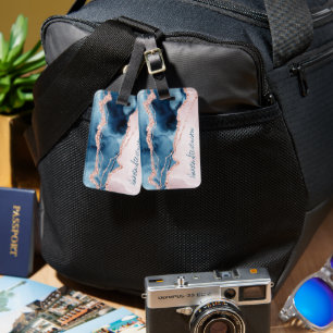Mystic Elegance   Teal Pink Peach Agate Monogram Luggage Tag