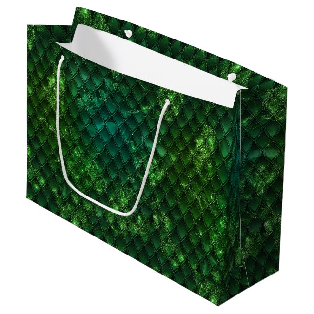 Mystic Emerald Fantasy Green Dragon Scale Pattern Large Gift Bag (Front Angled)