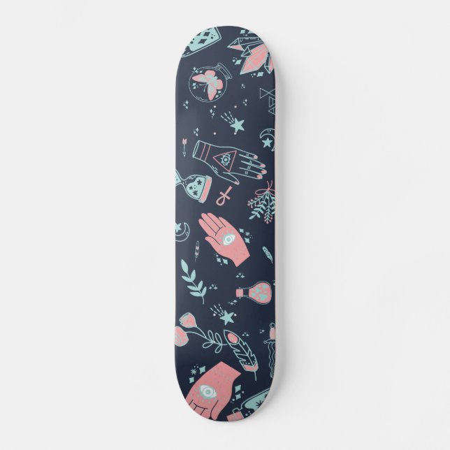 Mystic Esoteric Pink Evil Eye Hand Potion Navy Skateboard (Front)