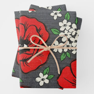 Mystic Eye Red Poppy White Jasmine Floral Wrapping Paper Sheet