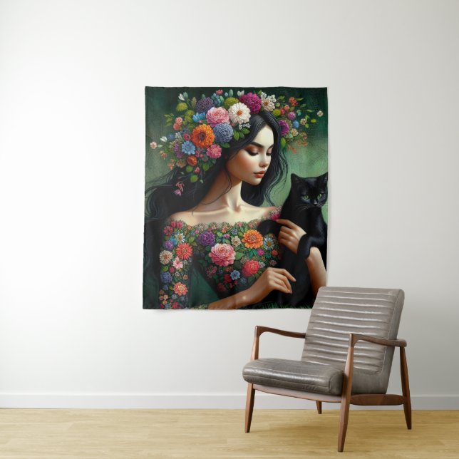 Mystic Floral Goddess with Black Cat – Fantasy Art Tapestry (In Situ)
