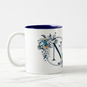 Mystic Floral Monogram Initial - Letter N Two-Tone Coffee Mug