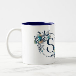 Mystic Floral Monogram Initial - Letter S Two-Tone Coffee Mug