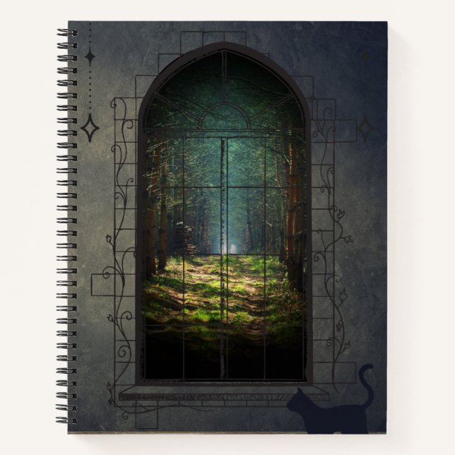 Mystic Forest Portal with Cat – Fantasy Window  Notebook (Front)