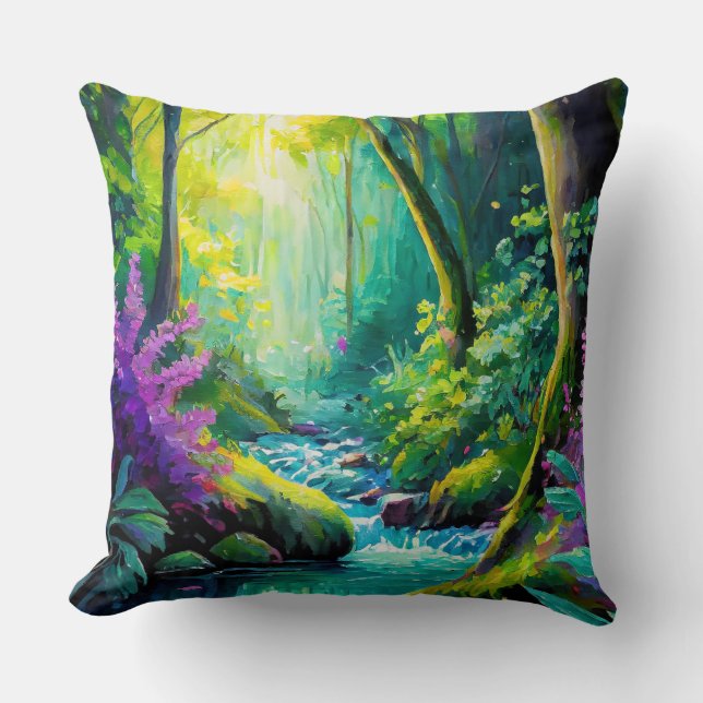 Mystic Forest River Throw Pillow (Front)