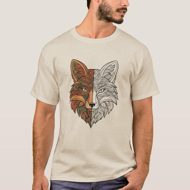 Mystic Fox Head Half Color Half Sketch Wildlife T-Shirt (Front)