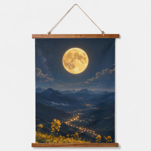 Mystic Full Moon Mountain Valley Wood Topped Hanging Tapestry