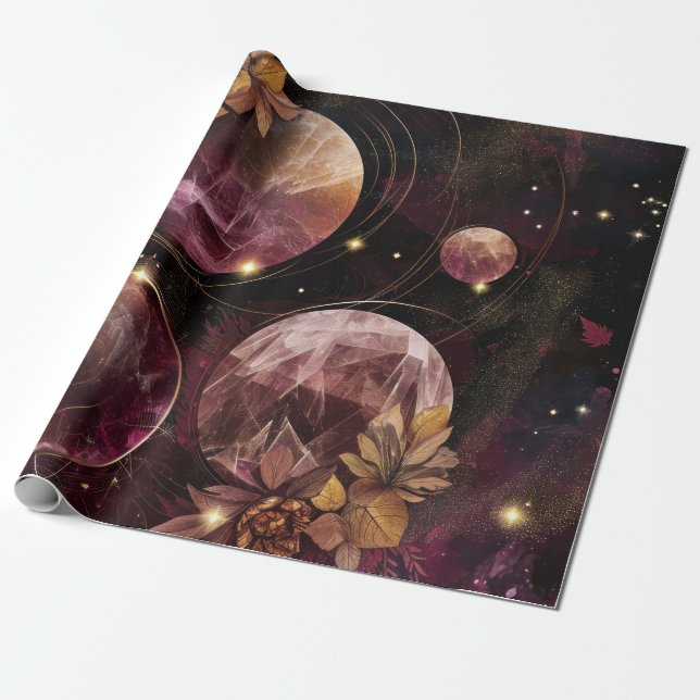 Mystic Galaxy Crystal Planet Purple Space Wrapping Paper (Unrolled)