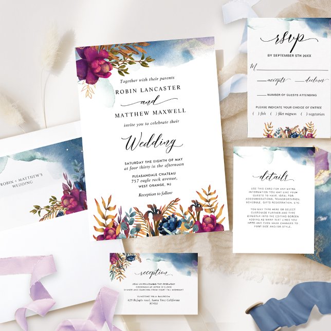 Mystic Garden Purple, Blue, Teal and Gold Wedding Invitation (Creator Uploaded)