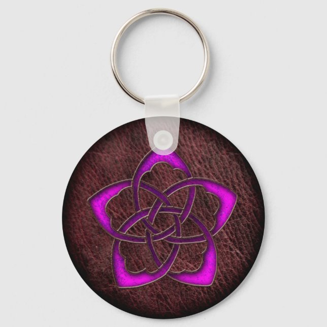 Mystic glow purple celtic flower on leather key ring (Front)