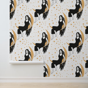 Mystic Goddess Sitting on Moon Pattern Wallpaper