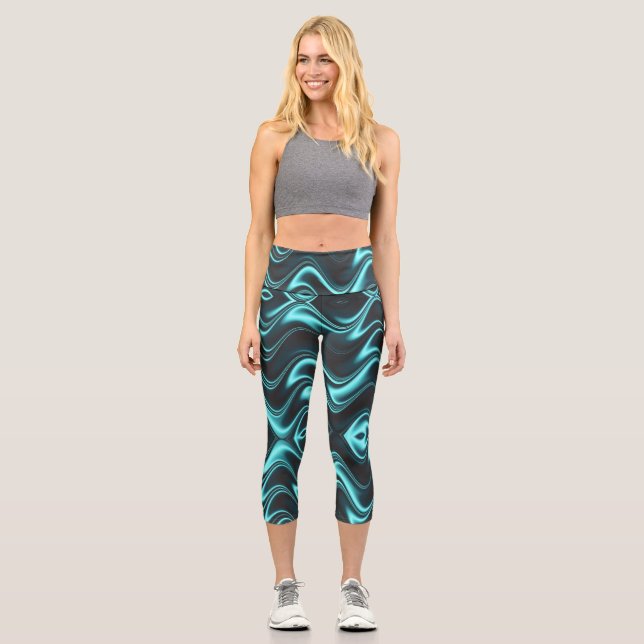mystic green blue and black shades of wave  capri leggings (Front)