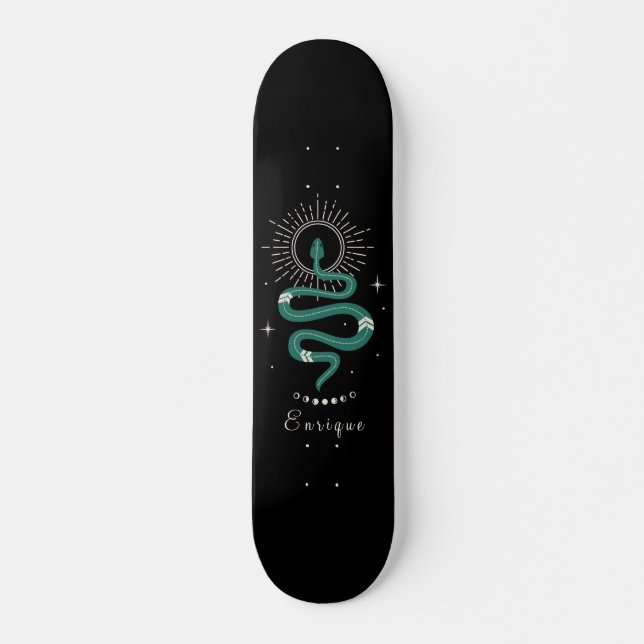Mystic Green Celestial Snake & Name Cosmic Sparkle Skateboard (Front)