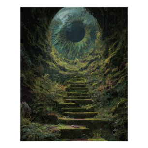 Mystic Green Moonlit Forest Staircase Art Poster