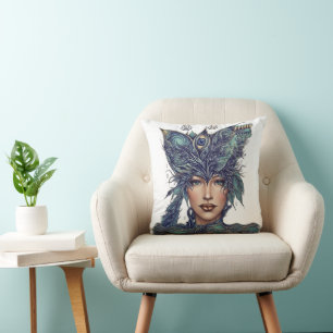 Mystic Guardian: Ethereal Portrait with Cosmic Det Cushion