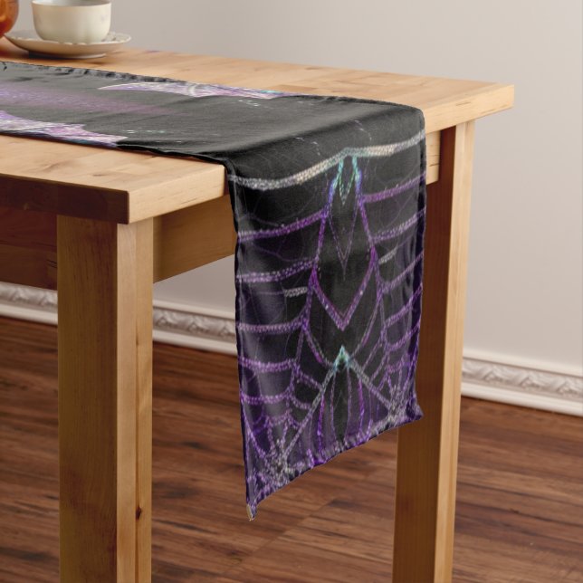 Mystic Halloween Bats Web Glittery Purple Black  Long Table Runner (In Situ)