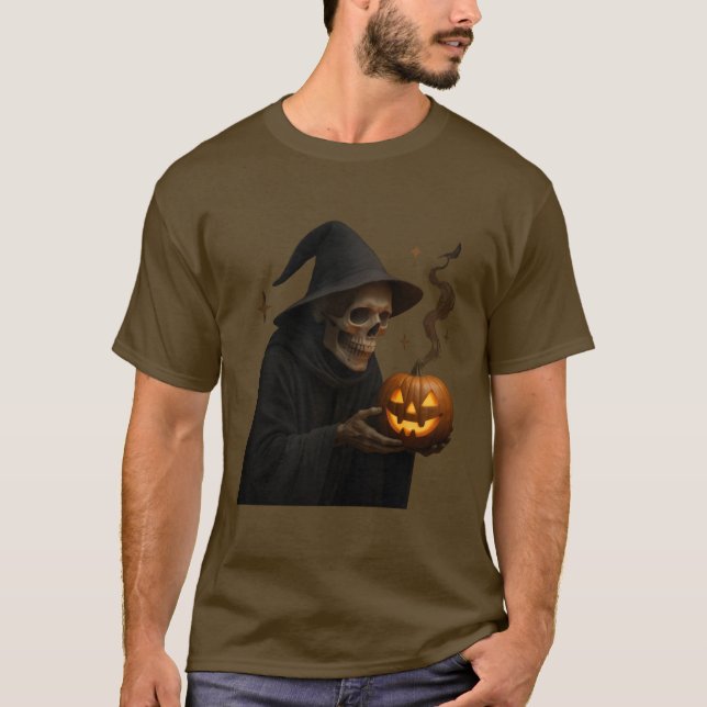 Mystic Halloween Skull with Glowing Pumpkin 🎃💀 T-Shirt (Front)