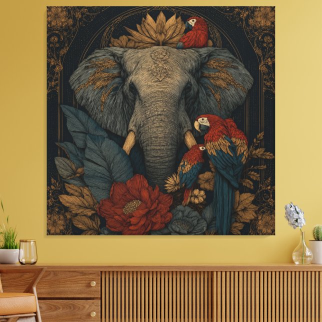 Mystic Jungle Elephant & Parrot Canvas Wall Art (Insitu(LivingRoom))