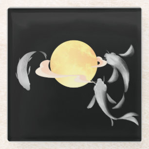 Mystic Koi & Golden Moon – Elegant Japanese Zen Ar Glass Coaster